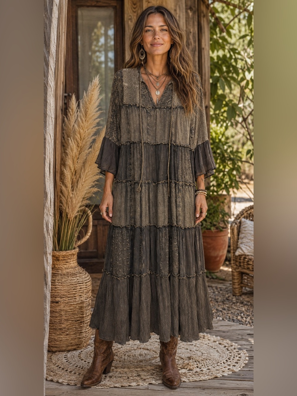 H095 NWT Young Threads L ptp 20-21 Relaxed Tiered Maxi Dress in Olive
